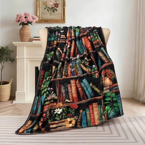 Bookshelf Throw Blanket Vintage Books Blanket for Book Lovers Reading Blankets for Readers Floral Fleece Throw Blanket Super Soft Warm Cozy Flannel Blankets for Couch Sofa Bed 60x80in