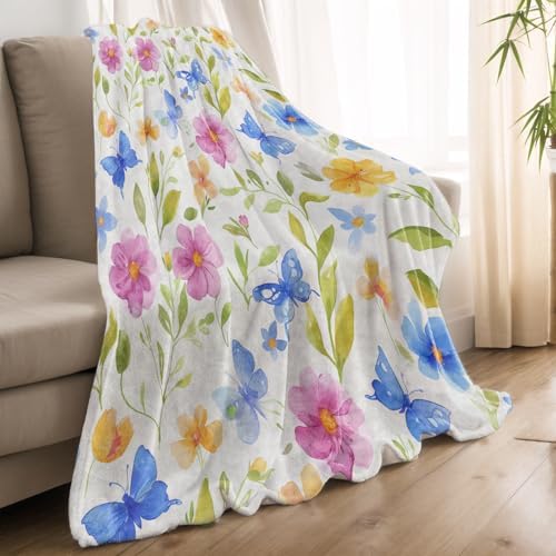 Spring Floral and Butterfly Blanket Lightweight Blankets Gifts for Women Flannel Throw with Pink, Blue and Yellow on White Background Printed for Sofa, Bed, Office, Decor Throws 80x60 Inch