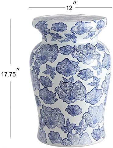 JONATHAN Y Poppies 17.75" Ceramic Drum Garden Stool Side Table, White/Blue