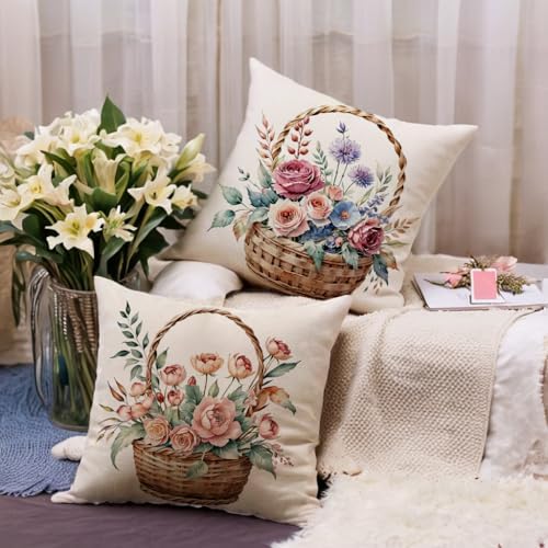 7COLORROOM 2Pack Pink Flower Pillow Covers Outdoor Garden Decoration Cushion Covers Farmhouse Rustic Colorful Spring Flower Home Décor Pillowcases 18x18 inch for Patio Sofa Bed(Pink/Blue,)