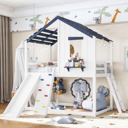 Twin Size House Bunk Bed with Convertible Slide & Ladder, White