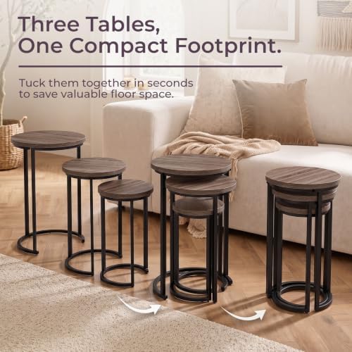 Lavish Home Round Nesting Tables Set of 3, Woodgrain-Look Top, Gray-Brown