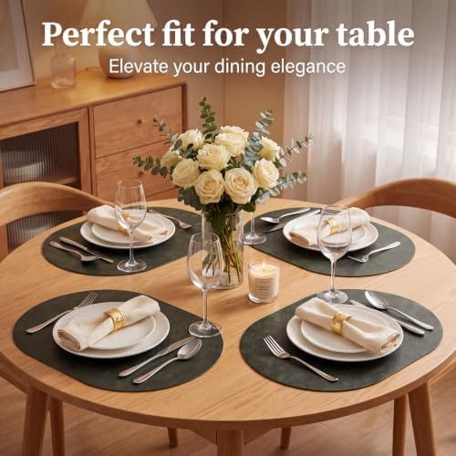 Oval Placemats Set of 8, Wipeable Faux Leather, Olive Green