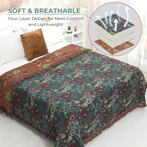 100% Cotton Floral Boho Throw Blanket for Bed 80" x 90" Green