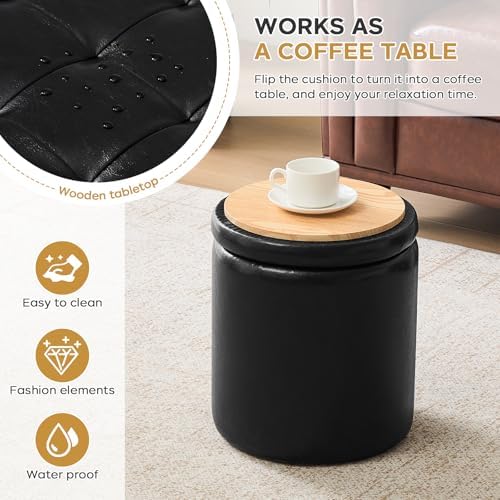 Leather Storage Ottoman Round, Living Room Stylish Foot Stool with Storage