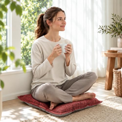 SINOSSO Floor Pillow Large Square 22x22 Inch, Minimalist Color-Block Meditation Cushion, Non-Slip Shredded Memory Foam Floor Cushion for Yoga, Reading, Tatami, Chair Seat, Red, 1 Pack