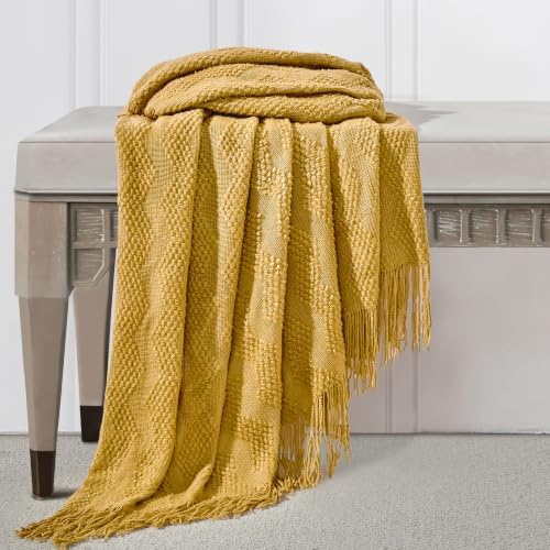 BOURINA Mustard Throw Blanket 50x60 Inches Throw Textured Solid Soft Ripple Throws and Blankets for Sofa or Bed Knitted Decorative Throw