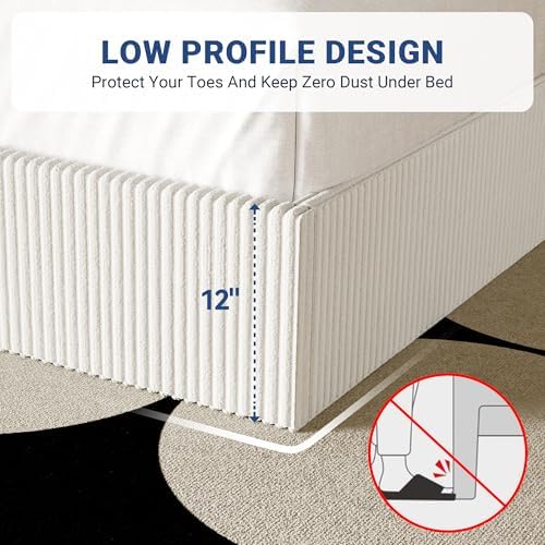 Allewie King Bed Frame, Adjustable Corduroy Headboard, Platform, White