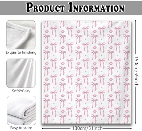 Coquette Pink Bow Throw Blanket for Couch, Preppy Room Dorm Decor, Aesthetic Pink Ribbon Bow Lips Throw Blanket for Girls Bedroom Living Room Home Decoration, 50x60 Inches