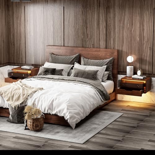 HedoAjim Floating Nightstand Smart Bedside Table LED Nightstand,Wall Mounted Sensor lamp cabniet with Storage for Bedroom Dorm Small Space Solid Wood,Dark Walnut