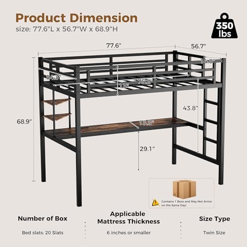 Full Size Loft Bed with Desk, USB Charging Station, LED Light and 2 Storage Shelves, Metal Heavy Duty Full Loft Bed for Adults, Teens, No Box Spring Needed, Black