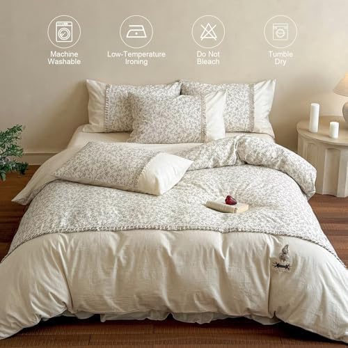 Floral Full Size Duvet Cover with 2 Pillowcases,80"×90",Cotton Linen