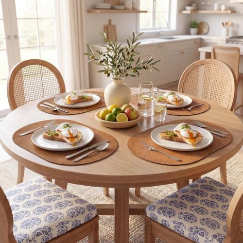 MOSAYT Vinyl Faux Leather Oval Placemats, Set of 8, Reddish Brown