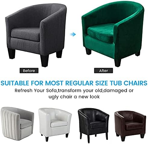 MIFXIN 2 Pieces Velvet Tub Chair Covers with Cushion Cover Stretch Soft Removable Tub Chair Slipcovers Armchair Sofa Couch Furniture Protector Cover for Living Room Club Bar Counter (Green)