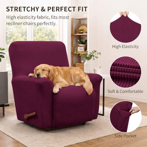 KEKUOU Recliner Chair Covers, 1-Piece Lazy Boy Recliner Covers, Wine