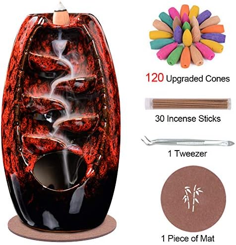 SPACEKEEPER Ceramic Backflow Incense Holder Waterfall Incense Burner, Red