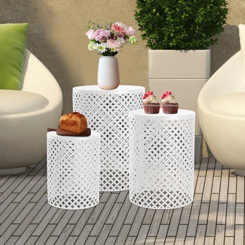 Metal Frame Accent Table,Cylindrical Outdoor Side Table,Decorative Garden Stool,Set of 3 Nesting Side Table,Modern Decorative Garden Stool for Patio Balconies Cafes Parks (3, White)