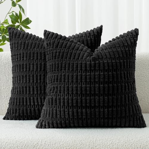 MIULEE Corduroy Decorative Throw Pillow Covers 20x20 Black Pack of 2