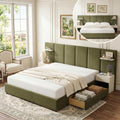 King Bed Frame with Storage & Built-in Nightstands & Drawers, Grayish Olive