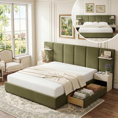 King Bed Frame with Storage & Built-in Nightstands & Drawers, Grayish Olive