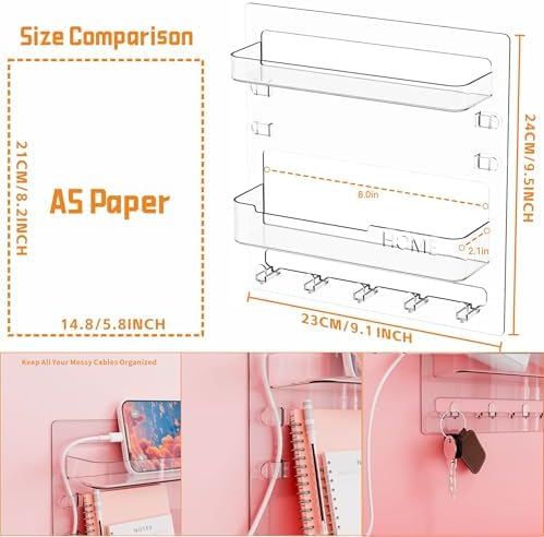 Yieach Bedside Shelf for Dorm Bed,Rv,Small Room and Nightstand,Wall Mounted Floating Shelves and Bedside Wall Organizer for Remote,Phone Holder,Charging Shelf,Cute Bedroom Decor for College Girl,Clear