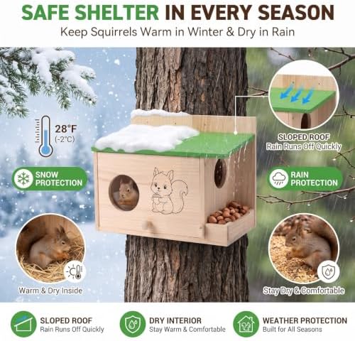 Large Squirrel Houses for Outside, Squirrels Nesting Box with Acrylic Viewing Window, Wood Squirrel Box with Feeder, Backyard Squirrel Shelter Squirrels Feeders for Outside