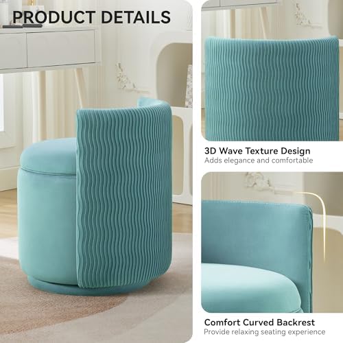 WUTUTUEE Velvet Vanity Chair with Storage, 360° Swivel Makeup Chair with Wave Back, No Assembly Small Accent Stool for Bedroom, Dressing, Living Room, Teal