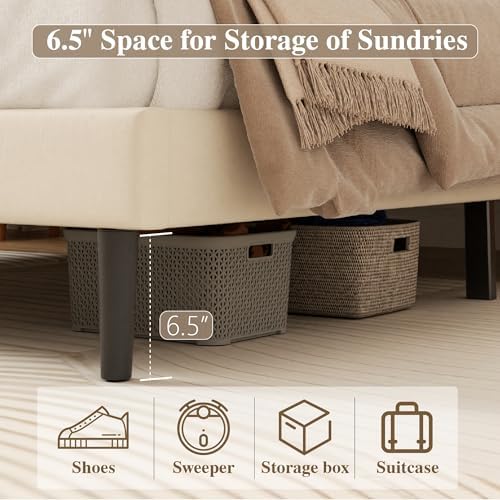 CXVX King Size Bed Frame with Diamond Tufted Headboard, Velvet Upholstered Platform Bed and Wooden Slat Support, Noise-Free, No Box Spring Needed, Easy Assembly, Beige