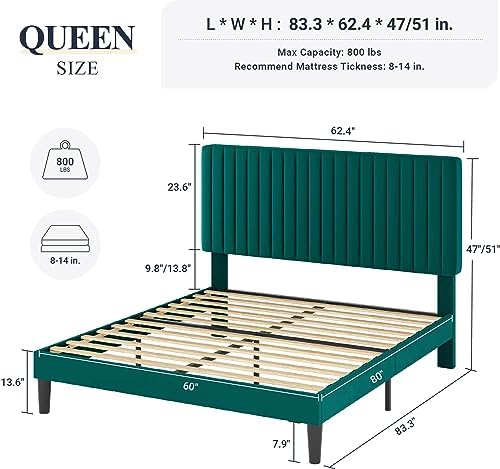 Allewie Queen Bed Frame, Velvet Upholstered Platform Bed with Adjustable Vertical Channel Tufted Headboard, Mattress Foundation with Strong Wooden Slats, Box Spring Optional, Easy Assembly, Teal
