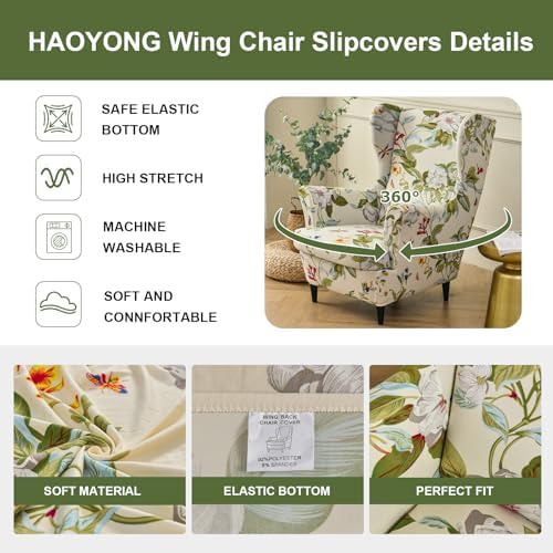 HAOYONG Wing Chair Slipcovers Printed Wingback Chair Covers 2 Pieces Wingback Armchair Slipcover Stretch Chair Slip Covers Washable Armchair Protector Cover for Living Room and Bedroom
