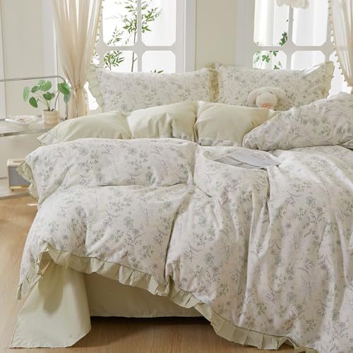 HighBuy Farmhouse 100% Cotton Duvet Cover Full Size,Lavender Floral Ruffle Lace Design Comforter Cover with 2 Pillowcases,Reversible Green Striped Duvet Cover Set Coquette Soft