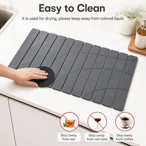 Extra Large Stone Dish Drying Mat for Kitchen Counter, Quick Dry Stone Dish Mats, Foldable Water Absorbing Diatomaceous Drying Pad for Countertop Bottles Utensils Bathroom (Flow Line Gray 32"x16")
