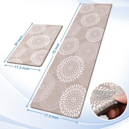 LuxStep Kitchen Mats for Floor,0.40 inch Cushioned Rug Anti-Fatigue Mats for Kitchen Decor Accessories,Waterproof Non-Slip Mats and Rugs Set for Office,Laundry 17.3"×29"+17.3"×47",Khaki
