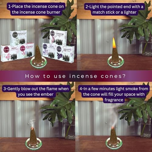 TRUMIRI Blossom Incense Cones - Variety Pack - Total 60 Cone Incense (6 Scents x 10 Conos) - Peony, Lilac, Violet, Honeysuckle, Hyacinth, Tuberose - Cone Incense Scents - Insense Cones - Incent Cone