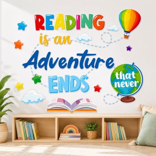Cinrobiye Inspirational Quotes Wall Decals, Reading Corner Wall Decor, Reading is an Adventure that Never Ends Wall Stickers, Classroom Library Decorations for Preschool, Elementary School, Daycare