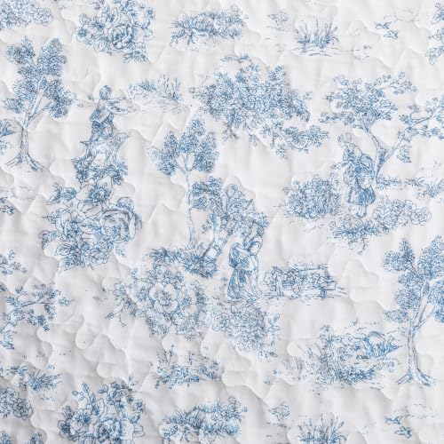 Brandream Blue Toile Quilted Throw Blanket 47" x 60" Cozy Cotton Decorative Blanket French Country Cottage Floral Quilt Throw for Bed Couch Sofa Daybed All-Season Coverlet