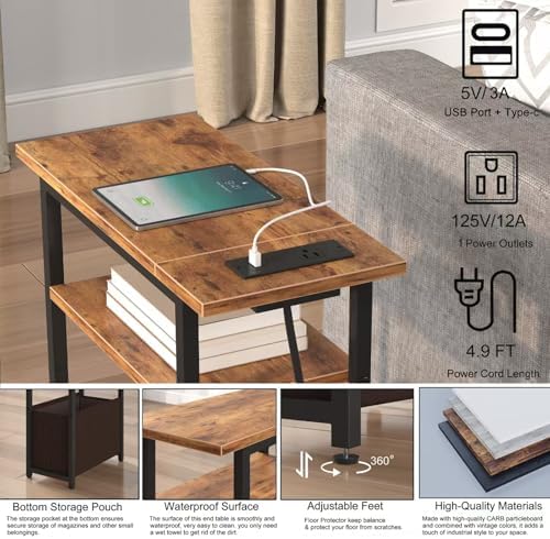 sthmec Narrow Side Table with Charging Station, Small End Table for Small Spaces, Skinny Nightstands with Storage Basket, 3 Tier Sofa Couch Bedside Tables for Living Room,Bedroom, Rustic Brown