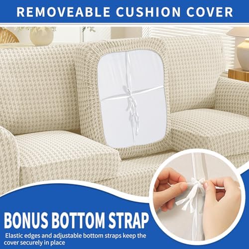 MAXIJIN 3 Pieces Stretch Couch Covers for 2 Cushion Couch Washable Sofa Cover with 2 Extra Large Seat Soft Loveseat Sofa Slipcovers with Non Slip Strap (Beige), 71"-91"(2 XL Cushions)