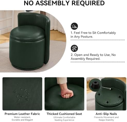 Faux Leather Vanity Chair with Storage, 360° Swivel Makeup Chair,Dark Green