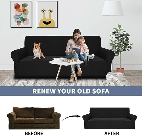 JIVINER High Stretch Couch Covers for 3 Cushion Couch 1-Piece Jacquard Elastic Sofa Slipcovers Anti Slip Sofa Cover with Elastic Bottom Furniture Protector for Kids Pets (Sofa, Black)