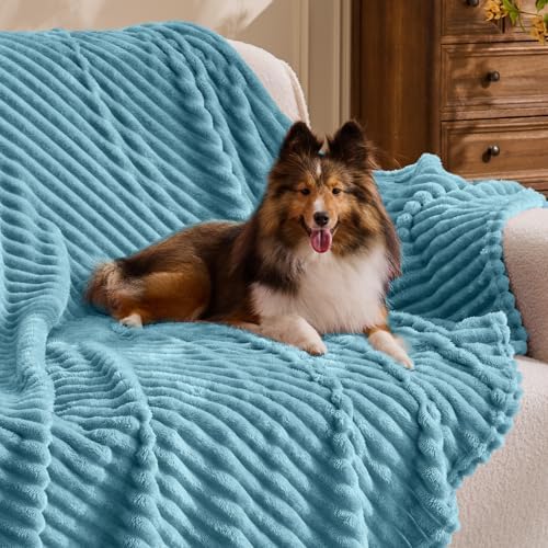 BEDELITE 3D Ribbed Washed Blue Fleece Twin Blanket for Couch, 60x80 Inch