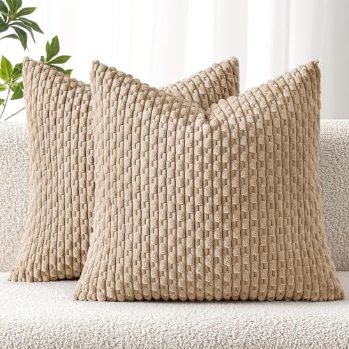 MIULEE Decorative Throw Pillow Covers 20x20 Neutral Tan Textured Corduroy