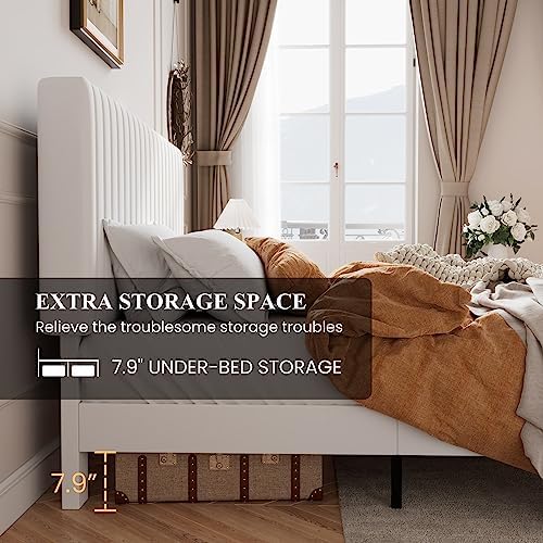SHA CERLIN Full Upholstered Platform Bed Frame with Vertical Channel Tufted Velvet Fabric Adjustable Headboard, Wooden Slats Support, Mattress Foundation, Box Spring Optional, White
