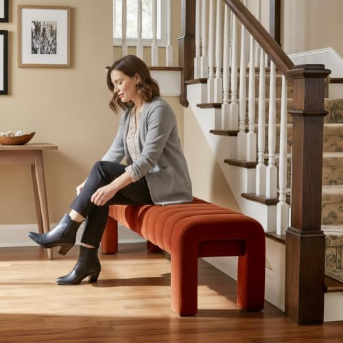 63" Bedroom Bench, Upholstered Entryway Bench, Modern End of Bed Ottoman with Solid Wood Legs and Adjustable Foot Pegs for Entryway, Dining Room and Living Room (Rust Velvet)
