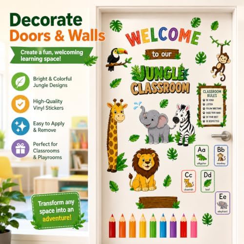 Welcome Animal Wall Stickers PVC Jungle Animal Wall Decals Tiger Elephant Giraffe Lion Monkey Wall Decor for Nursery Playroom Bedroom Classroom Kindergarten