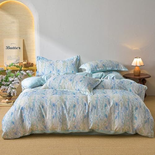 100% Cotton Blue Floral 2 Layer Muslin Duvet Cover Queen Size with 2 Pillowcases,Aesthetics All Season Gauze Comforter Cover for Women,Soft Breathable Duvet Covers Queen 90"×90"