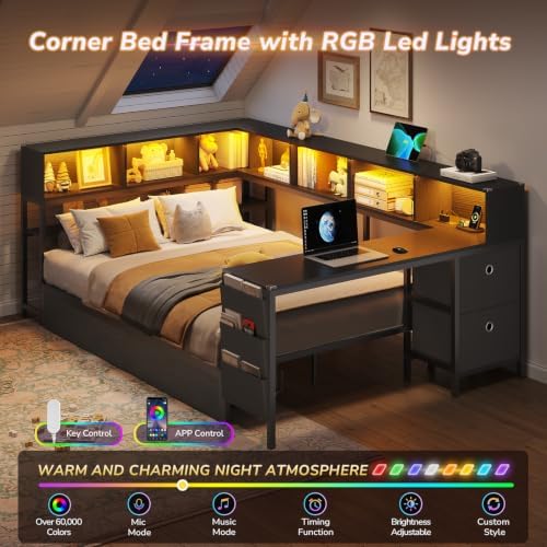 DICTAC Corner Full Bed Frame with Desk, Charging Station and Bookcase Storage, Full Size Platform Bed Frame with Storage Drawers, Led Lights and Shelves, Modern Daybed for Kids, Teens and Adult, Black