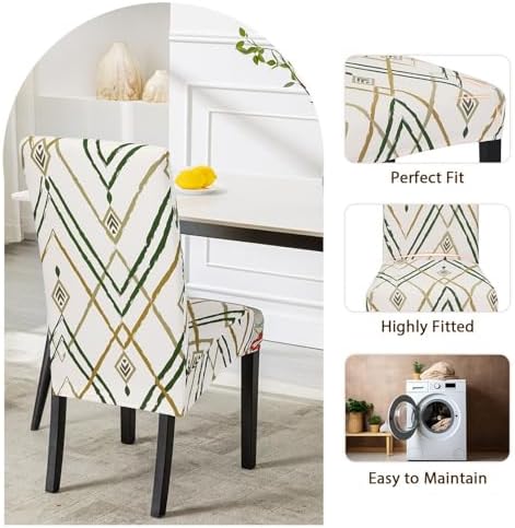 SearchI Dining Room Chair Covers Set of 6, Stretch Printed Kitchen Chair Slipcovers Removable Washable Parsons Chair Covers Protector for Dining Room, Hotel, Ceremony (Beige-Green Stripe)