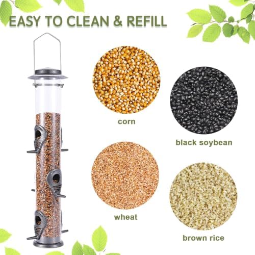 MIXXIDEA 1PK Metal Wild Bird Feeder,Squirrel Proof Bird Feeders for Outside,Hanging 6 Port Tube Bird Feeder Transparent Finch Bird Feeder for Attracting Birds in Your Lawn, Garden, Balcony-Gray