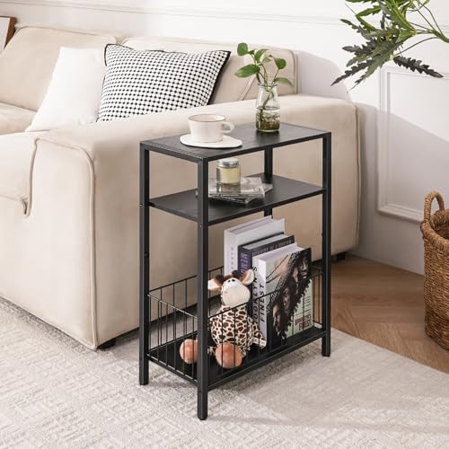 Narrow Side Table with Storage Basket Small End Table for Small Space,Black